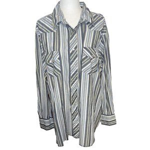 Vtg 80s/90s White & Green Striped Wrangler Pearl Snap X-Long Tail Shirt Sz 3XLT